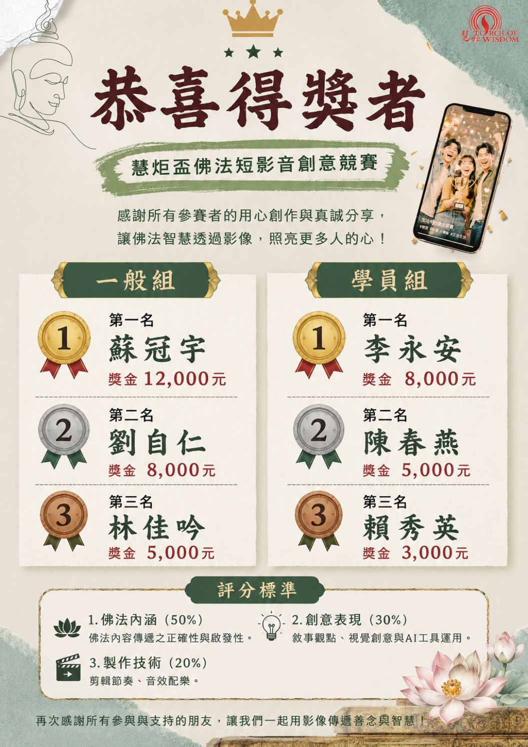 【2026慧炬盃佛法短影音創意競賽】得獎名單(標題圖檔)